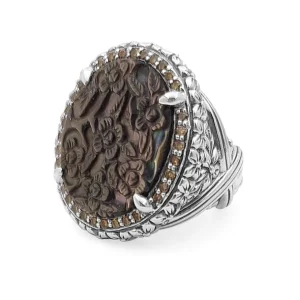 Stephen Dweck Legacy Carved Tahitian Mother of Pearl Ring with 0.45ct Natural Champagne Diamonds in Sterling Silver< Rings