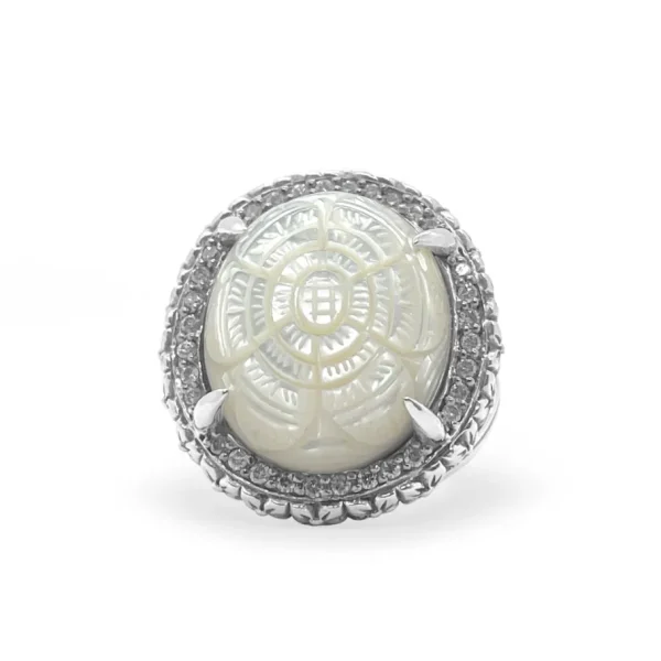 Stephen Dweck Legacy Hand Carved Mother of Pearl Ring with 0.50ct Champagne Diamonds in Sterling Silver< Rings