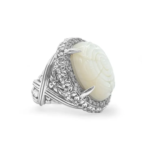 Stephen Dweck Legacy Hand Carved Mother of Pearl Ring with 0.50ct Champagne Diamonds in Sterling Silver< Rings