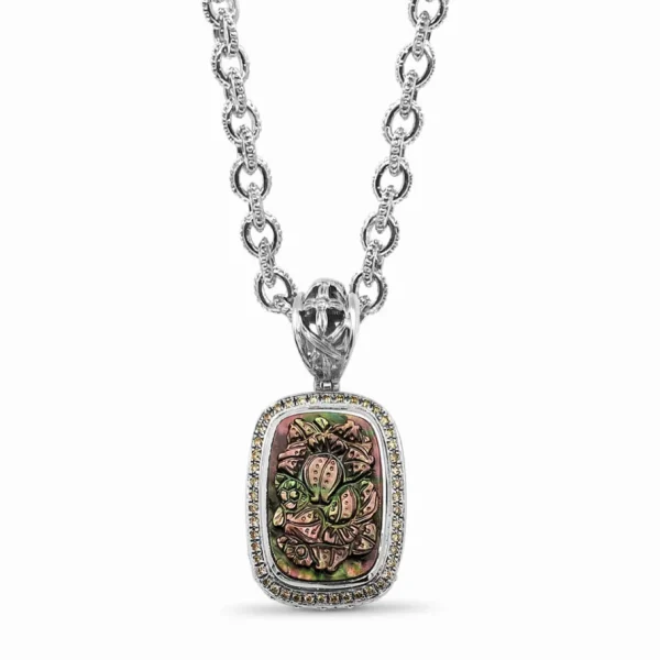 Stephen Dweck Legacy Hand Carved Tahitian Mother of Pearl Pendant in Sterling Silver with 0.50ct Champagne Diamonds< Necklace