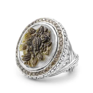 Stephen Dweck Legacy Hand Carved Tahitian Mother of Pearl Cameo and Champagne Diamond 0.75ct Ring in Sterling Silver< Rings