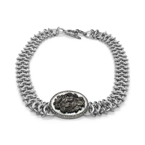 Stephen Dweck Legacy Hand Carved Tahitian Mother of Pearl and Champagne Diamond 0.85ct Necklace in Woven Sterling Silver< Necklace