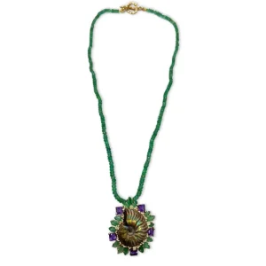 Stephen Dweck Luxury Ammolite Emerald Amethyst Diamond and Emerald Bead Necklace in 18K Gold< Necklace