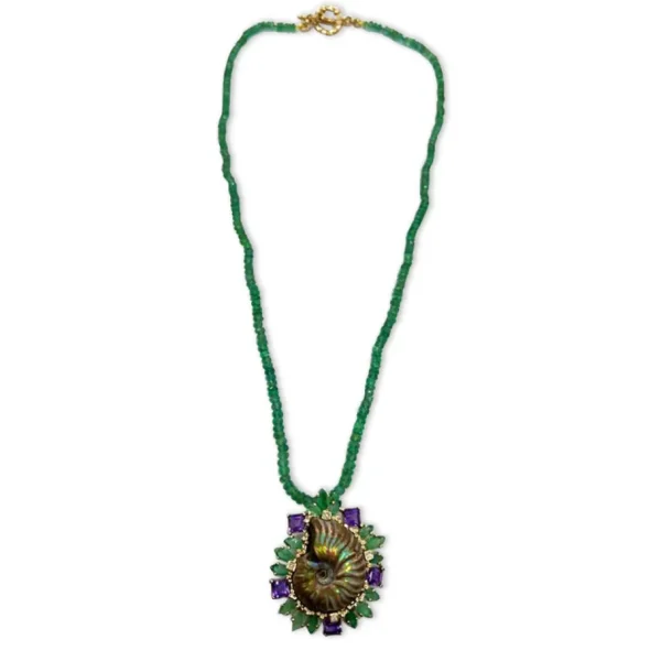 Stephen Dweck Luxury Ammolite Emerald Amethyst Diamond and Emerald Bead Necklace in 18K Gold< Necklace