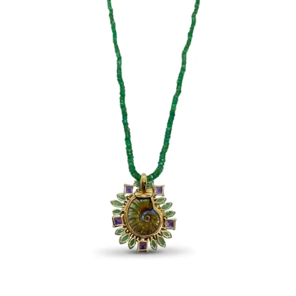 Stephen Dweck Luxury Ammolite Emerald Amethyst Diamond and Emerald Bead Necklace in 18K Gold< Necklace