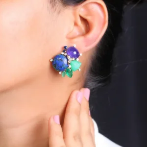 Stephen Dweck Luxury Azurite Malachite 16.25ct Tanzanite 16ct Emerald 2.3ct Chrysoprase 8.1ct Blue Sapphire 0.65ct and Diamond 0.30ct Earring in 18K Gold< Earrings