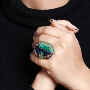 Stephen Dweck Luxury Azurite Malachite 24.8ct Emerald 1.95ct Blue Sapphire 1.45ct and Diamond 0.15ct Ring in 18K Gold< Rings