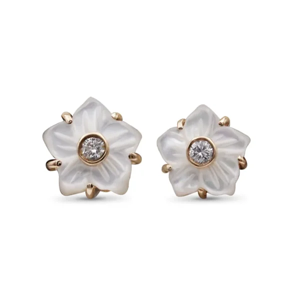 Stephen Dweck Luxury Colorbloom 8.00mm White Mother of Pearl Flower and White Diamond Earring in 18K Gold< Earrings