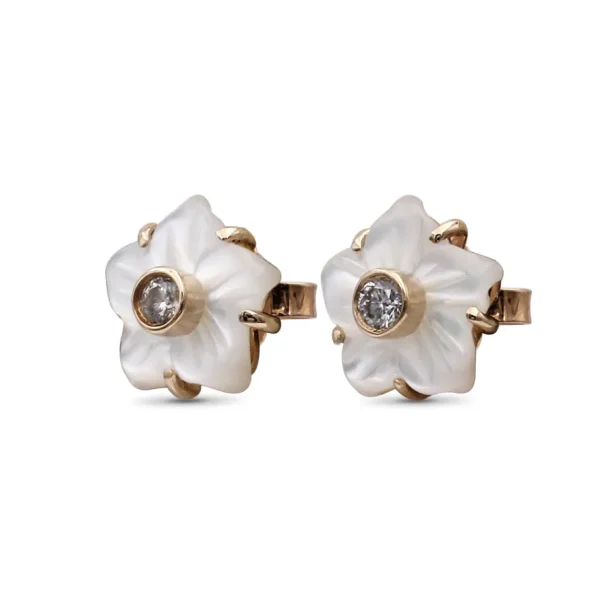 Stephen Dweck Luxury Colorbloom 8.00mm White Mother of Pearl Flower and White Diamond Earring in 18K Gold< Earrings