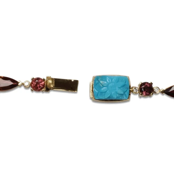 Stephen Dweck Luxury Hand Carved and Sleeping Beauty Turquoise 137ct Pink Tourmaline 64ct and Diamond 2.60ct Necklace in 18K Gold< Necklace