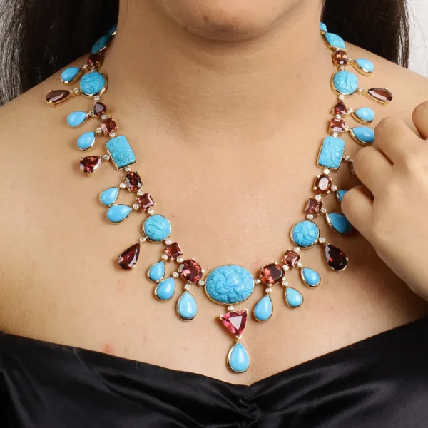 Stephen Dweck Luxury Hand Carved and Sleeping Beauty Turquoise 137ct Pink Tourmaline 64ct and Diamond 2.60ct Necklace in 18K Gold< Necklace