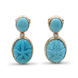 Stephen Dweck Luxury Hand Carved and Smooth Turquoise 19.4ct and Diamond 0.12ct Earring in 18K Gold< Earrings