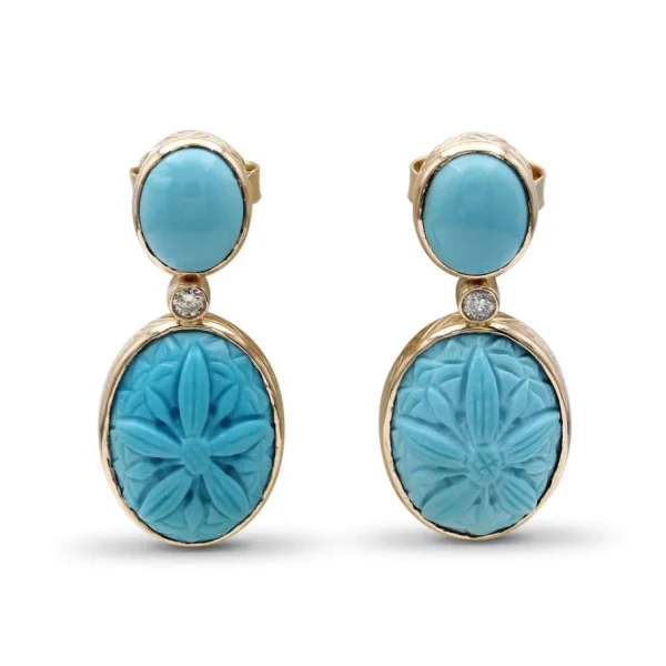 Stephen Dweck Luxury Hand Carved and Smooth Turquoise 19.4ct and Diamond 0.12ct Earring in 18K Gold< Earrings