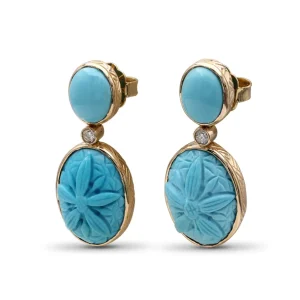 Stephen Dweck Luxury Hand Carved and Smooth Turquoise 19.4ct and Diamond 0.12ct Earring in 18K Gold< Earrings