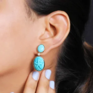 Stephen Dweck Luxury Hand Carved and Smooth Turquoise 19.4ct and Diamond 0.12ct Earring in 18K Gold< Earrings