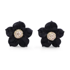 Stephen Dweck Luxury Hand Carved Black Mother of Pearl and Diamond Earrings in 18K Yellow Gold< Earrings