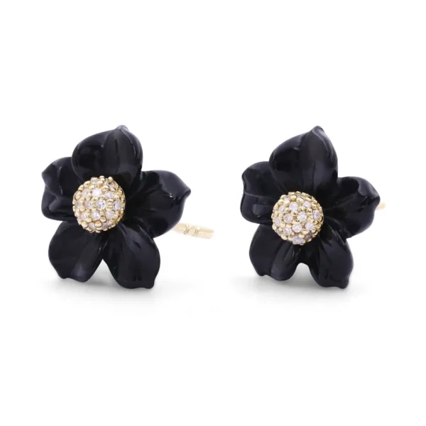 Stephen Dweck Luxury Hand Carved Black Mother of Pearl and Diamond Earrings in 18K Yellow Gold< Earrings