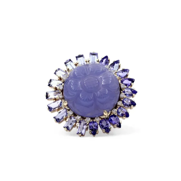 Stephen Dweck Luxury Hand Carved Chalcedony 18ct Tanzanite 5ct and Diamond 0.25ct Ring in 18K Gold< Rings