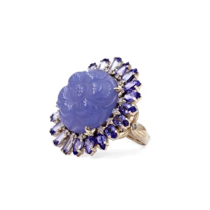 Stephen Dweck Luxury Hand Carved Chalcedony 18ct Tanzanite 5ct and Diamond 0.25ct Ring in 18K Gold< Rings