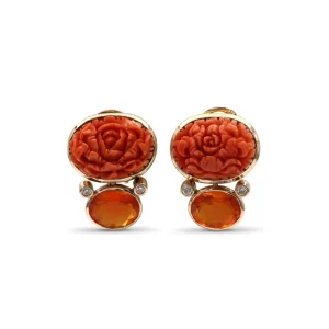 Stephen Dweck Luxury Hand Carved Coral 18ct Fire Opal 3.8ct and Diamond 0.15ct Earring in 18K Gold< Earrings