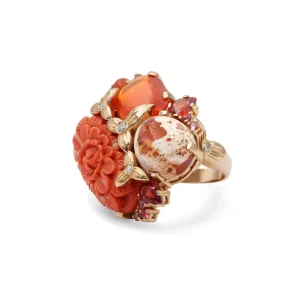 Stephen Dweck Luxury Hand Carved Coral 12.4ct Fire Opal 9.5ct Red Sapphire 1.15ct and Diamond 0.15ct Ring in 18K Gold< Rings