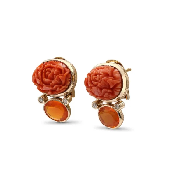 Stephen Dweck Luxury Hand Carved Coral 18ct Fire Opal 3.8ct and Diamond 0.15ct Earring in 18K Gold< Earrings