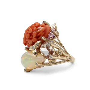 Stephen Dweck Luxury Hand Carved Coral 14.5ct Ethiopian Opal 5.1ct Morganite 1.5ct Pink Tourmaline 0.40ct and Diamond 0.45ct Ring in 18K Gold< Rings