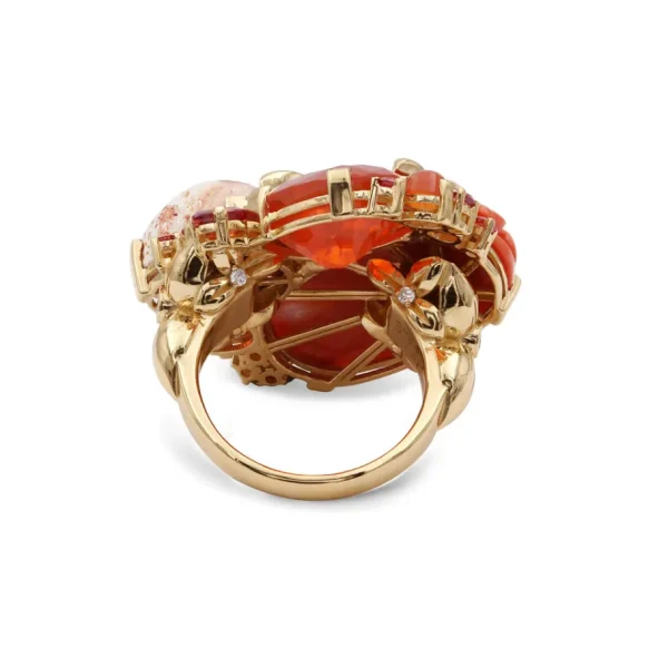 Stephen Dweck Luxury Hand Carved Coral 12.4ct Fire Opal 9.5ct Red Sapphire 1.15ct and Diamond 0.15ct Ring in 18K Gold< Rings