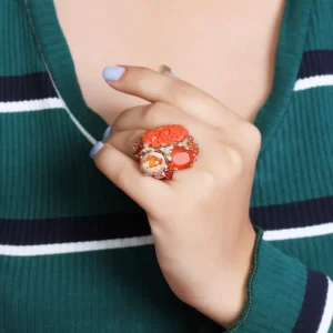 Stephen Dweck Luxury Hand Carved Coral 12.4ct Fire Opal 9.5ct Red Sapphire 1.15ct and Diamond 0.15ct Ring in 18K Gold< Rings
