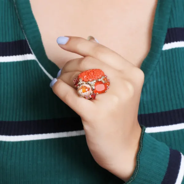 Stephen Dweck Luxury Hand Carved Coral 12.4ct Fire Opal 9.5ct Red Sapphire 1.15ct and Diamond 0.15ct Ring in 18K Gold< Rings