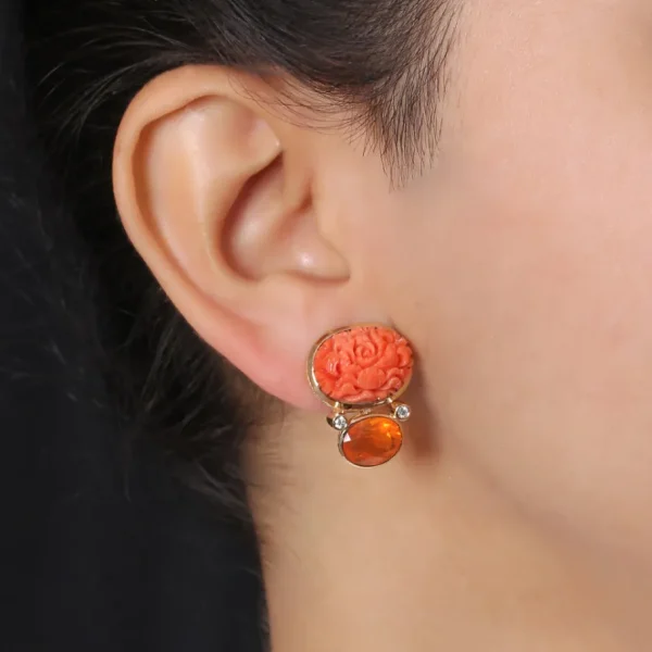 Stephen Dweck Luxury Hand Carved Coral 18ct Fire Opal 3.8ct and Diamond 0.15ct Earring in 18K Gold< Earrings