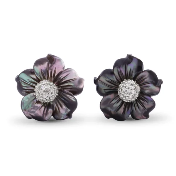 Stephen Dweck Luxury Hand Carved Dark Champagne Mother of Pearl and Diamond Earrings in 18K White Gold< Earrings