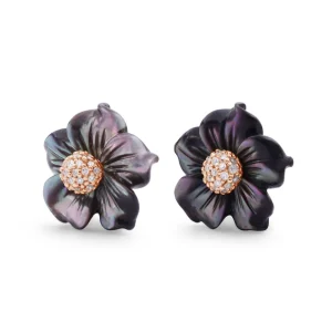 Stephen Dweck Luxury Hand Carved Dark Champagne Mother of Pearl and Diamond Earrings in 18K Rose Gold< Earrings