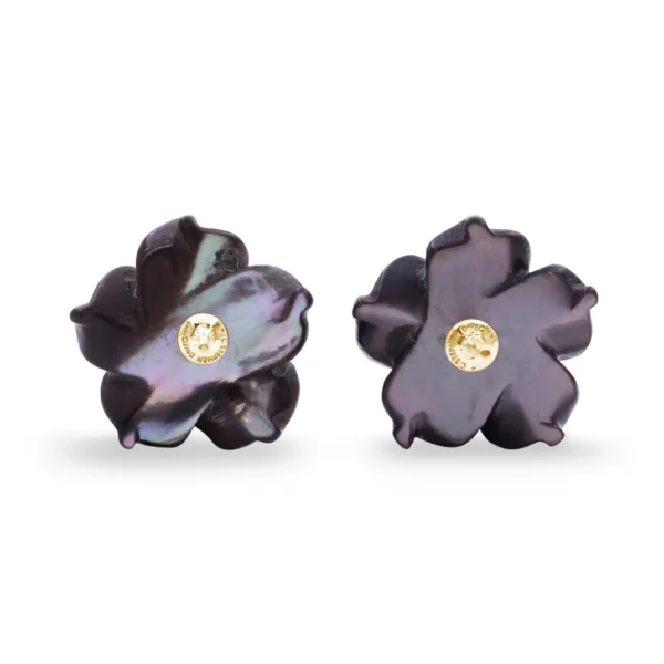 Stephen Dweck Luxury Hand Carved Dark Champagne Mother of Pearl and Diamond Earring in 18K Yellow Gold< Earrings