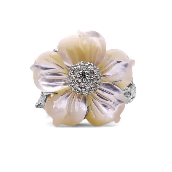 Stephen Dweck Luxury Hand Carved Mother of Pearl and Diamond Ring in 18K White Gold< Rings