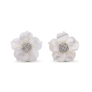 Stephen Dweck Luxury Hand Carved Mother of Pearl and Diamond Earrings in 18K White Gold< Earrings