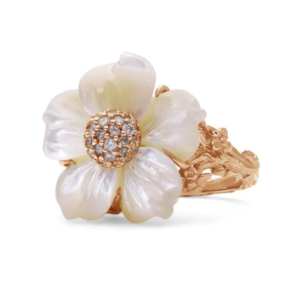 Stephen Dweck Luxury Hand Carved Mother of Pearl and Diamond Ring in 18K Rose Gold< Rings