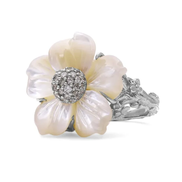 Stephen Dweck Luxury Hand Carved Mother of Pearl and Diamond Ring in 18K White Gold< Rings