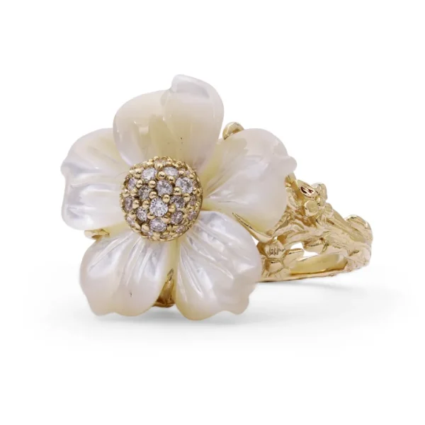 Stephen Dweck Luxury Hand Carved Mother of Pearl and Diamond 0.25ct Ring in 18K Gold< Rings