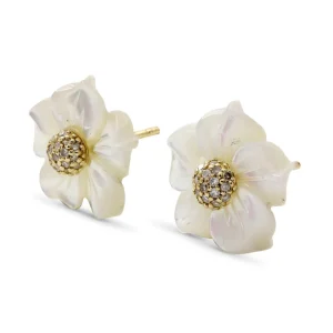 Stephen Dweck Luxury Hand Carved Mother of Pearl and Diamond Earrings in 18K Gold< Earrings