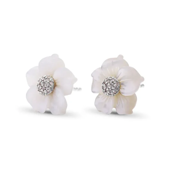 Stephen Dweck Luxury Hand Carved Mother of Pearl and Diamond Earrings in 18K White Gold< Earrings