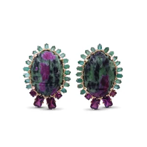 Stephen Dweck Luxury Hand Carved Ruby Zoisite 68ct Emerald 4.3ct and Rhodolite Garnet 3ct Earrings in 18K Gold< Earrings