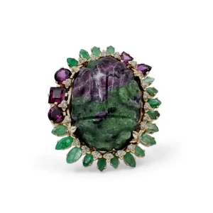 Stephen Dweck Luxury Hand Carved Ruby Zoisite 34ct Emerald Rhodolite Garnet and Diamond 0.25ct Ring in 18K Gold< Rings