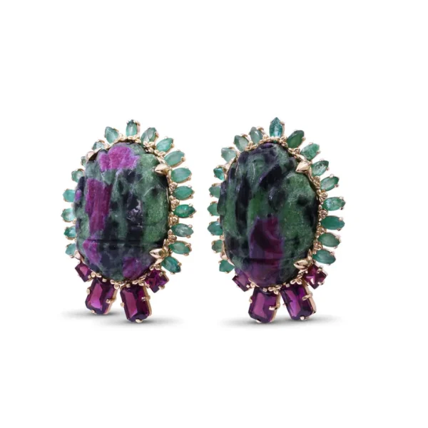 Stephen Dweck Luxury Hand Carved Ruby Zoisite 68ct Emerald 4.3ct and Rhodolite Garnet 3ct Earrings in 18K Gold< Earrings