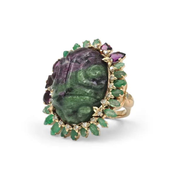 Stephen Dweck Luxury Hand Carved Ruby Zoisite 34ct Emerald Rhodolite Garnet and Diamond 0.25ct Ring in 18K Gold< Rings