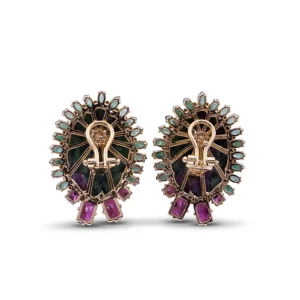 Stephen Dweck Luxury Hand Carved Ruby Zoisite 68ct Emerald 4.3ct and Rhodolite Garnet 3ct Earrings in 18K Gold< Earrings