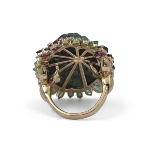 Stephen Dweck Luxury Hand Carved Ruby Zoisite 34ct Emerald Rhodolite Garnet and Diamond 0.25ct Ring in 18K Gold< Rings