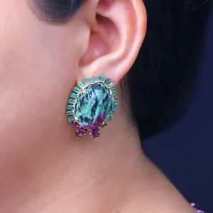 Stephen Dweck Luxury Hand Carved Ruby Zoisite 68ct Emerald 4.3ct and Rhodolite Garnet 3ct Earrings in 18K Gold< Earrings