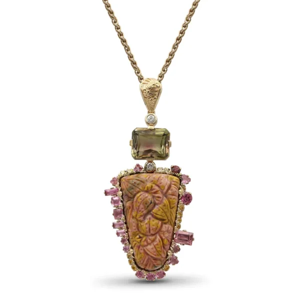 Stephen Dweck Luxury Hand Carved Sunset Jasper 34.3ct Bi-Color Tourmaline 6.7ct Yellow Sapphire 0.40ct Pink Tourmaline 2.8ct and Diamond 0.25ct Pendant in 18K Gold< Necklace