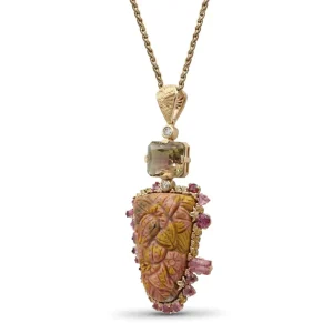 Stephen Dweck Luxury Hand Carved Sunset Jasper 34.3ct Bi-Color Tourmaline 6.7ct Yellow Sapphire 0.40ct Pink Tourmaline 2.8ct and Diamond 0.25ct Pendant in 18K Gold< Necklace